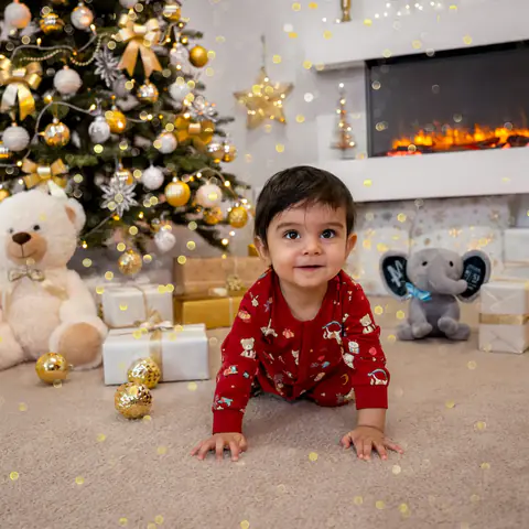 Kleinkind krabbelt im Weihnachtsset mit Baum und Teddys